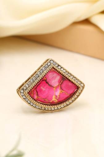 Peachy pink color kundan ring for women