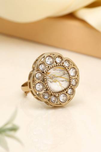 Snowflake white color kundan ring for women