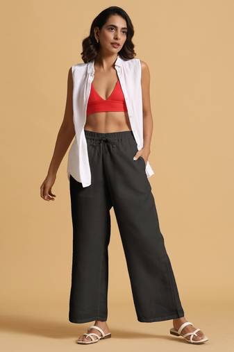  black cotton blend elasticated drawstring straight pants