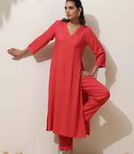 coral viscose solid kurta pant set