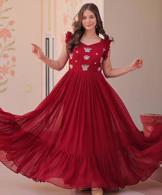Maroon georgette sequins embroidered ruffle flared gown 1