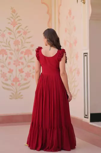 Maroon georgette sequins embroidered ruffle flared gown