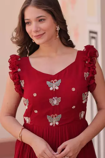 Maroon georgette sequins embroidered ruffle flared gown