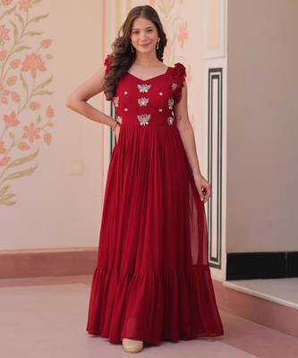 Maroon georgette sequins embroidered ruffle flared gown 4