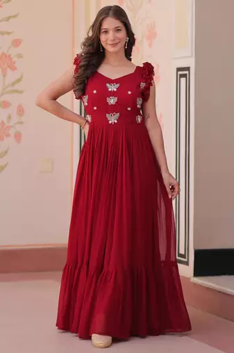 Maroon georgette sequins embroidered ruffle flared gown