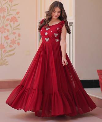 Maroon georgette sequins embroidered ruffle flared gown 5