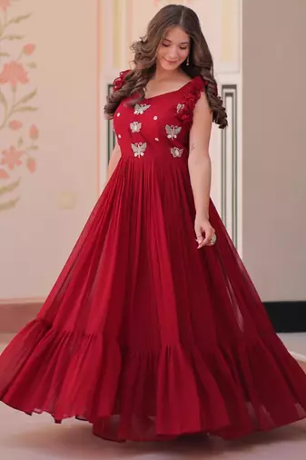 Maroon georgette sequins embroidered ruffle flared gown
