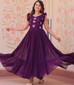 Purple georgette sequins embroidered ruffle flared gown