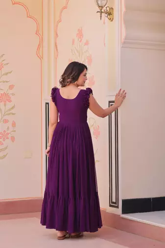 Purple georgette sequins embroidered ruffle flared gown