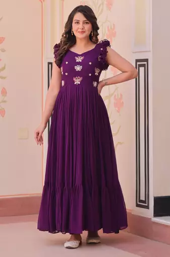 Purple georgette sequins embroidered ruffle flared gown