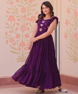 Purple georgette sequins embroidered ruffle flared gown 5