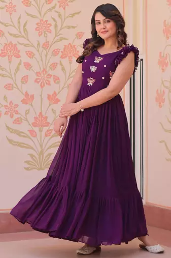 Purple georgette sequins embroidered ruffle flared gown