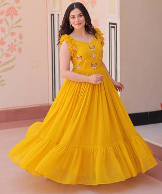Yellow georgette sequins embroidered ruffle flared gown 1