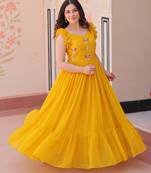 Yellow georgette sequins embroidered ruffle flared gown