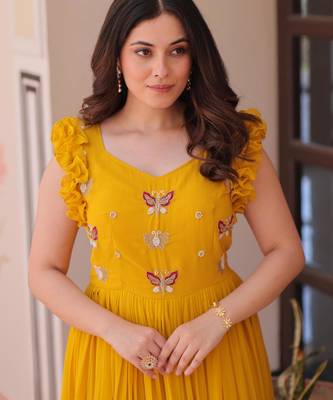 Yellow georgette sequins embroidered ruffle flared gown 3