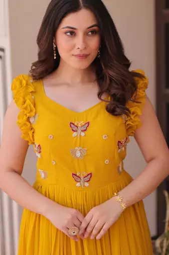 Yellow georgette sequins embroidered ruffle flared gown
