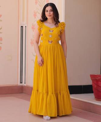Yellow georgette sequins embroidered ruffle flared gown 4