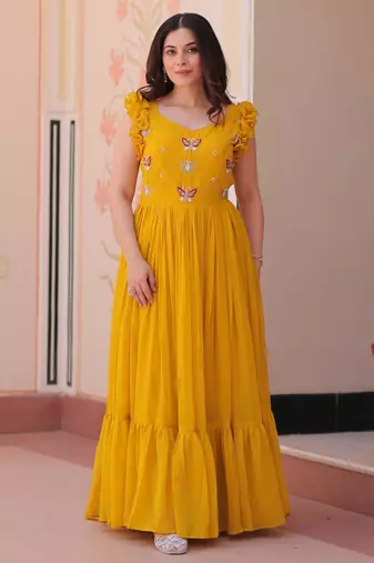Yellow georgette sequins embroidered ruffle flared gown