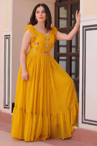 Yellow georgette sequins embroidered ruffle flared gown
