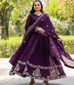 Wine georgette zari sequins embroidery flared gown with heavy dupatta