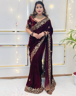 Maroon sequin & Zari Thread Embroidery work Saree with Unstitched Blouse 1