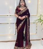 Maroon sequin & Zari Thread Embroidery work Saree with Unstitched Blouse
