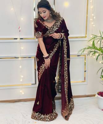 Maroon sequin & Zari Thread Embroidery work Saree with Unstitched Blouse 2