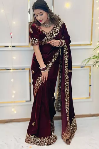 Maroon sequin & Zari Thread Embroidery work Saree with Unstitched Blouse