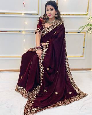 Maroon sequin & Zari Thread Embroidery work Saree with Unstitched Blouse 3