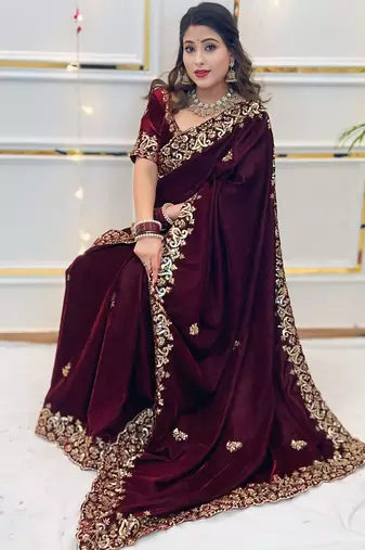 Maroon sequin & Zari Thread Embroidery work Saree with Unstitched Blouse