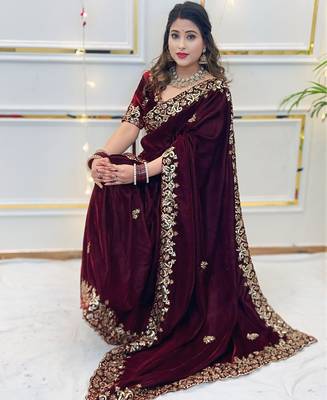 Maroon sequin & Zari Thread Embroidery work Saree with Unstitched Blouse 4