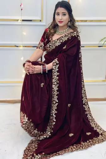 Maroon sequin & Zari Thread Embroidery work Saree with Unstitched Blouse