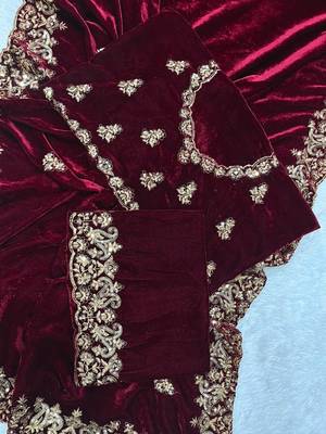 Maroon sequin & Zari Thread Embroidery work Saree with Unstitched Blouse 5