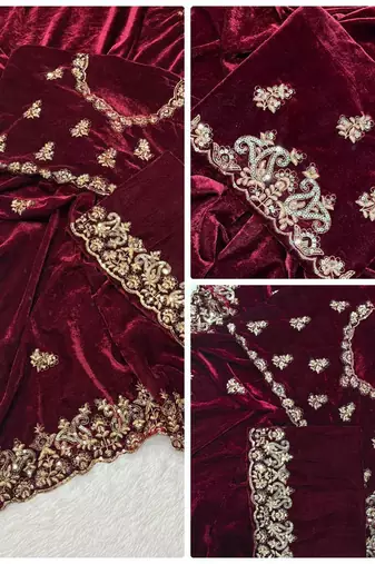 Maroon sequin & Zari Thread Embroidery work Saree with Unstitched Blouse