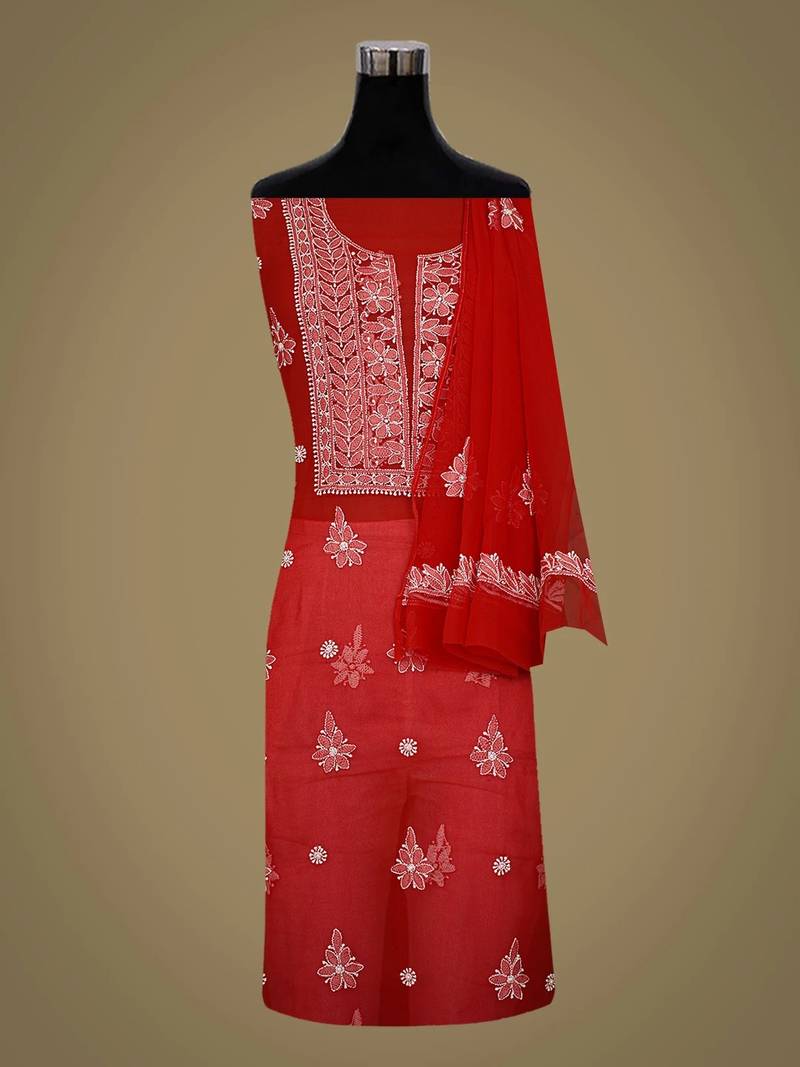 Hand embroidered red georgette lucknowi chikankari unstitched suit piece