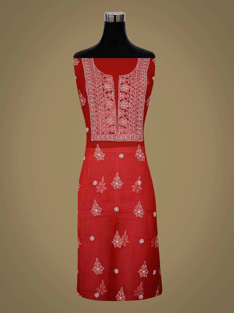 Hand embroidered red georgette lucknowi chikankari unstitched suit piece