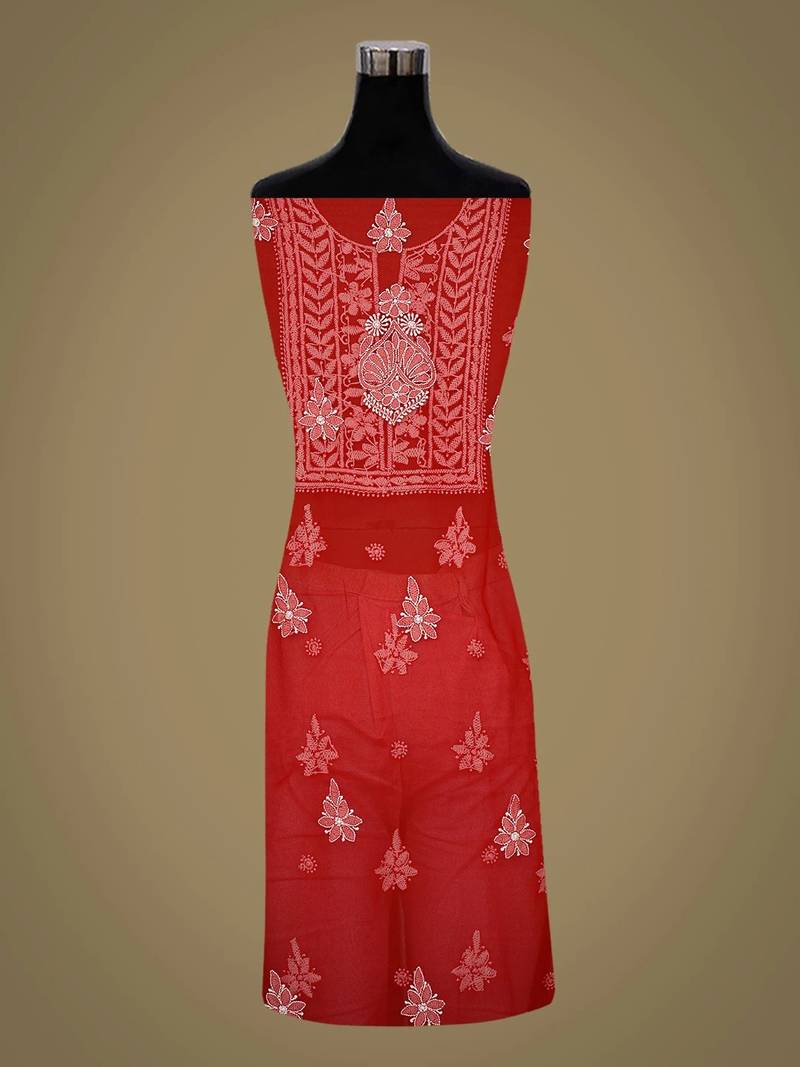 Hand embroidered red georgette lucknowi chikankari unstitched suit piece