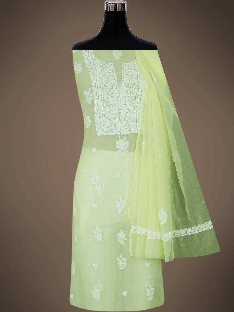 Hand embroidered lemon georgette lucknowi chikankari unstitched suit piece