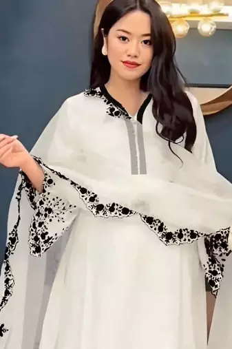 White embroidered faux georgette salwar suit