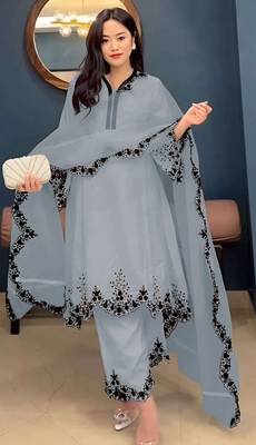 Light grey embroidered faux georgette salwar suit 1