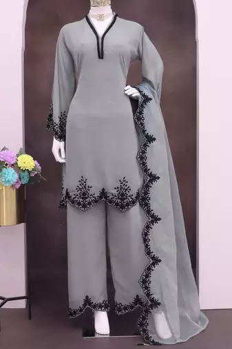 Light grey embroidered faux georgette salwar suit