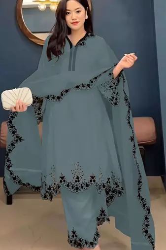 Grey embroidered faux georgette salwar suit