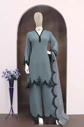 Grey embroidered faux georgette salwar suit
