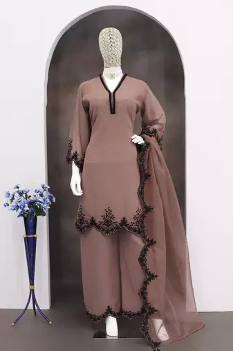 Brown embroidered faux georgette salwar suit