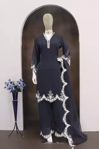 Dark grey embroidered faux georgette salwar suit