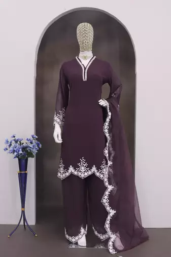 Wine embroidered faux georgette salwar suit