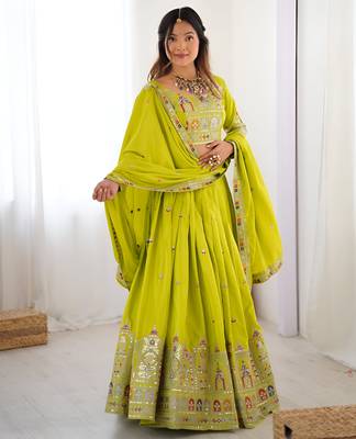 Parrot green crepe silk lehenga choli for women 2