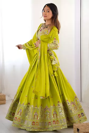 Parrot green crepe silk lehenga choli for women