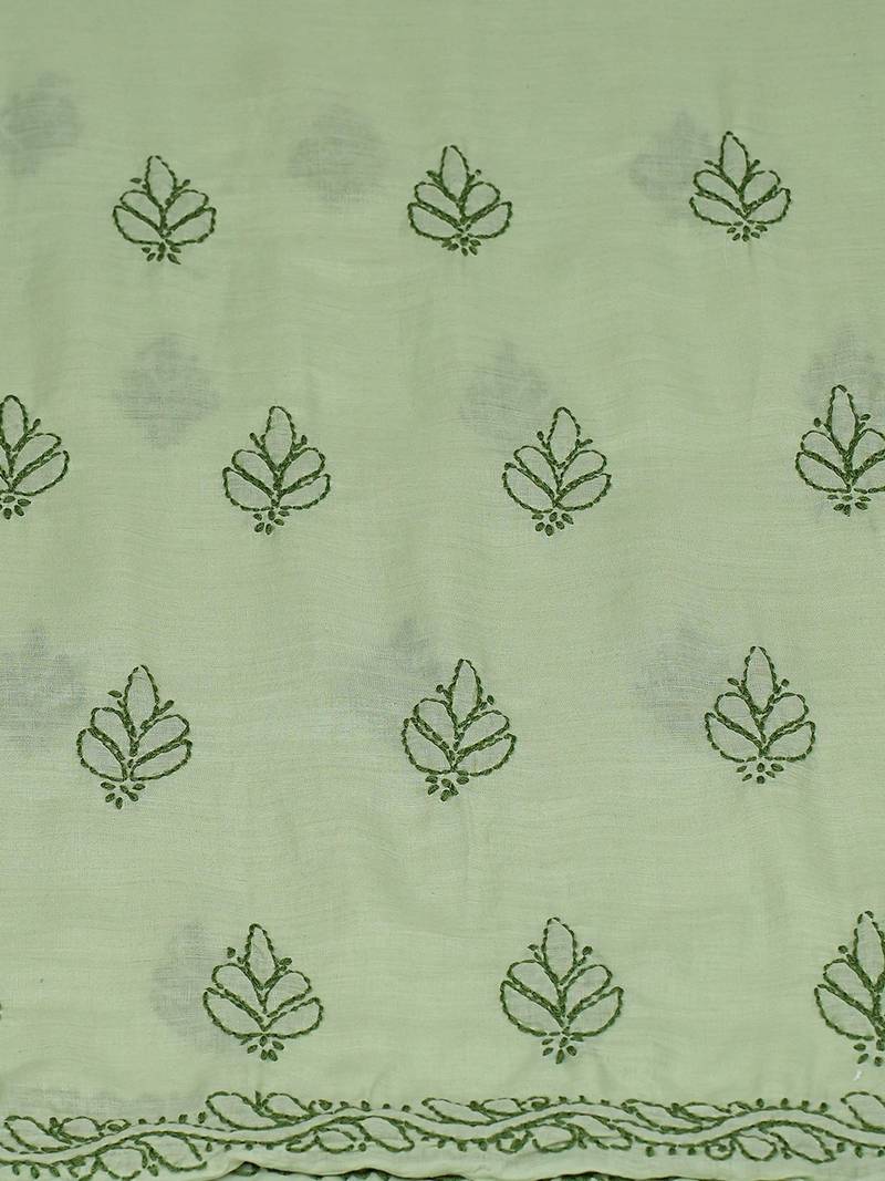 Hand embroidered pista green cotton lucknowi chikankari unstitched kurta piece