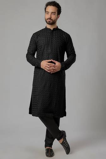 Black Arruga stylish rayon embroidery kurta pyjama set for men